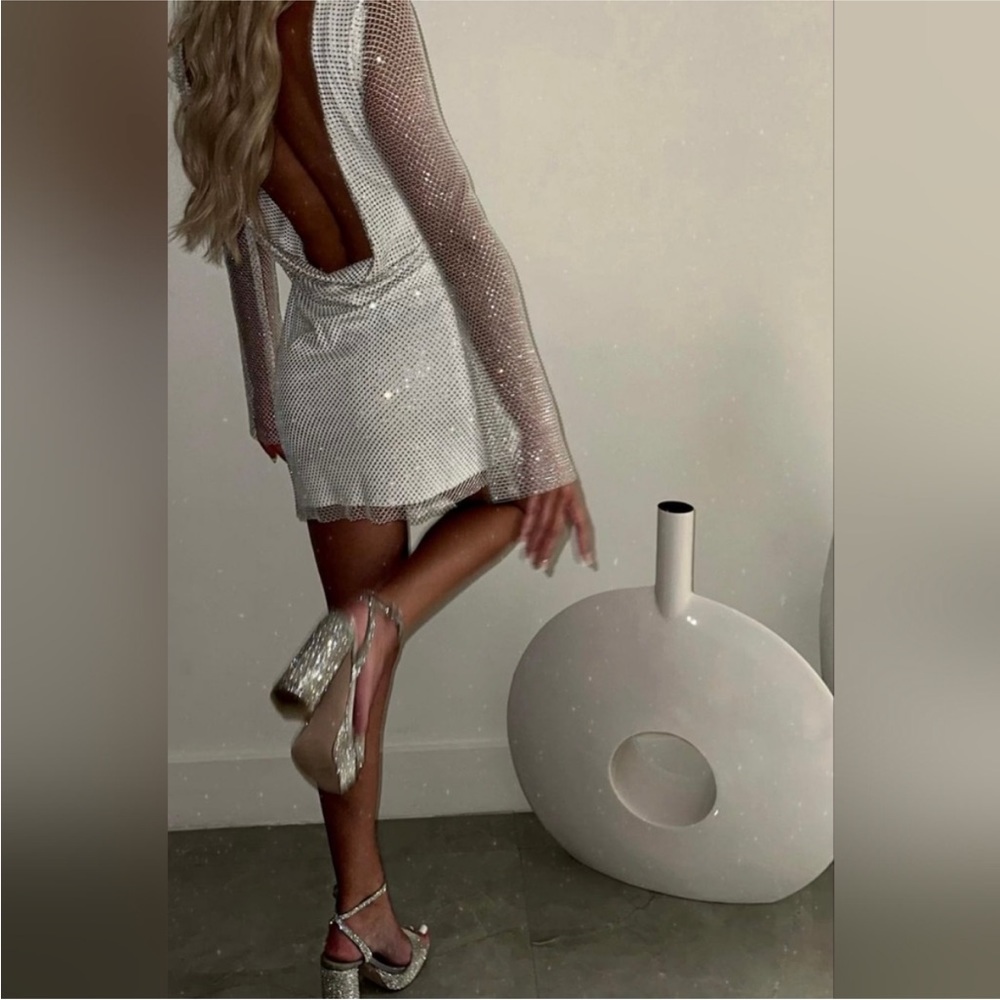 12th Tribe Anna White Rhinestone Mesh Mini Dress
